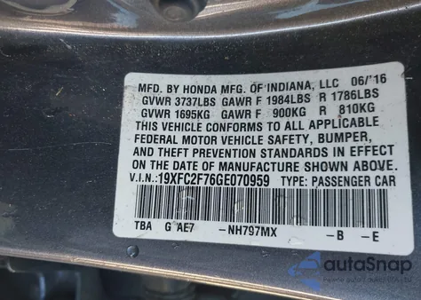 2016 Honda Civic Ex z USA, uszkodzony, nr VIN 19XFC2F76GE070959